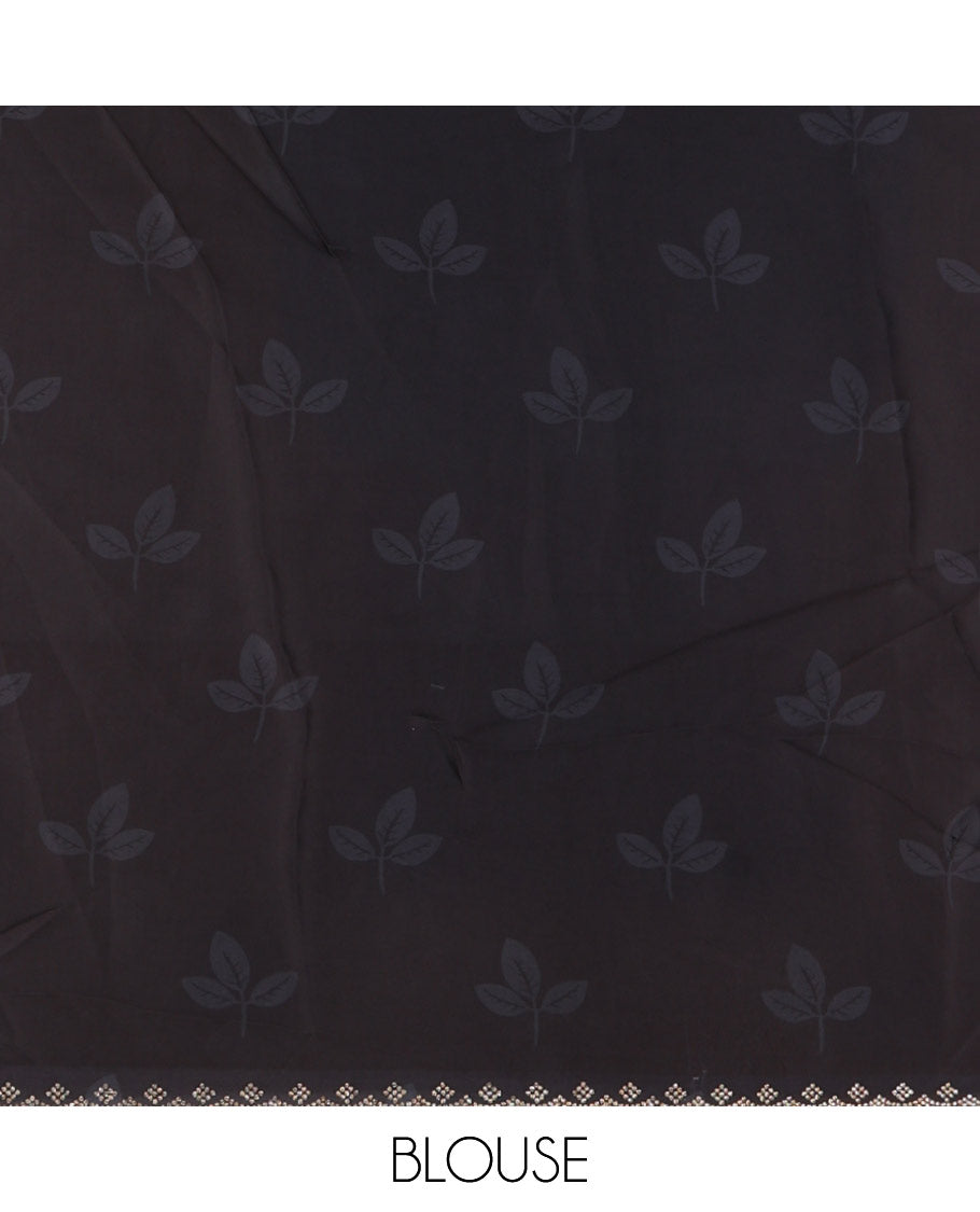 Cream and black floral, butterflies and horizontal striped printed satin crepe saree, stone work scallop border, and a contrast printed stone work blouse