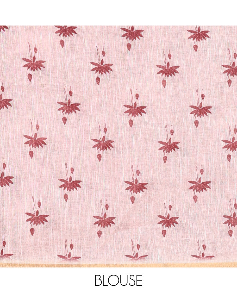 Maroon Linen Cotton Saree, Elevated with Pichwai Lotus Motifs Print, Subtle Piping Border, Pallu Mirrors the Same Pichwai Lotus Print, and Paired with a Contrast Pichwai Lotus Printed Blouse