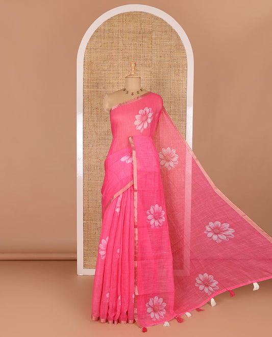 Pink daisy floral printed linen cotton saree, gold zari piping border, daisy floral printed pallu, and matching  floral printed blouse