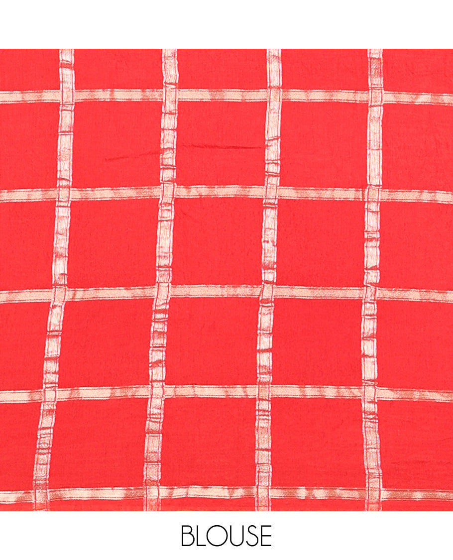 Borderless Red Assam Silk Saree, Richly Detailed with Bandhani-Dotted Ghar Chola Design on Its Body, Gleaming Zari Pallu, and Paired with a Matching Blouse