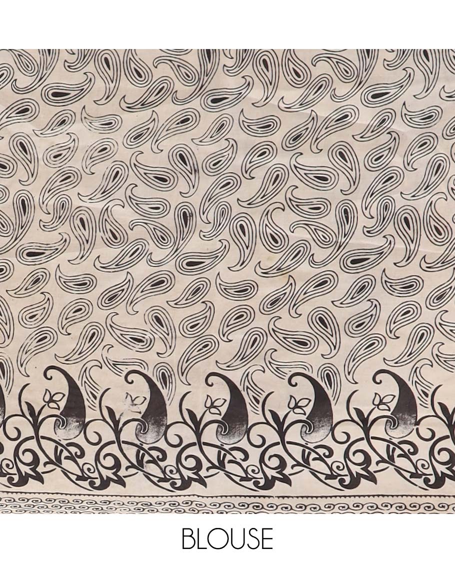 Black paisleys motifs machine printed kalamkari cotton saree with self-border & animal, floral design pallu