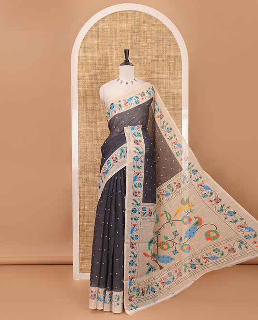 Black small dotted buttas linen cotton saree, contrast border & pallu of paithani-style parrot, peacock, & floral vine designs
