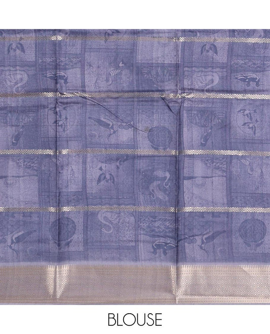 Blue horizontal zari striped with bird motifs printed soft tusser saree, traditional zari border & geometric printed pallu