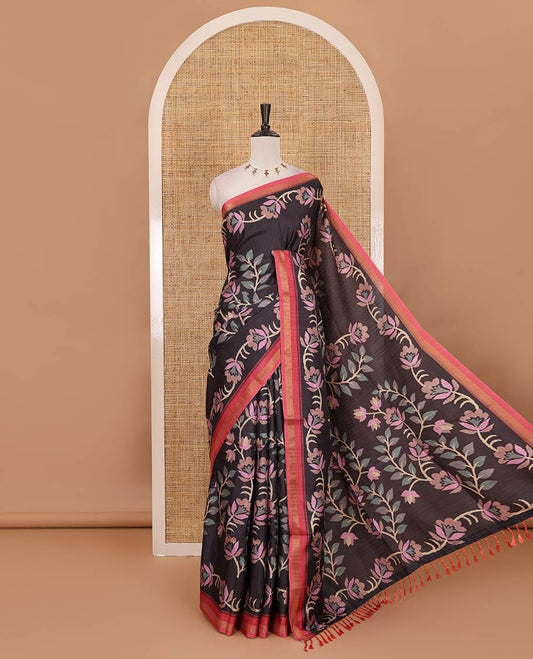 Black jamdani-style floral vine printed katan silk saree, contrast zari border, pallu mirroring the same body design & contrast printed blouse