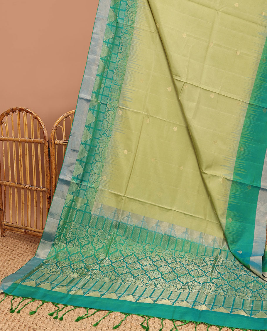 Green buttas soft silk saree with contrast floral border & ogee pattern pallu