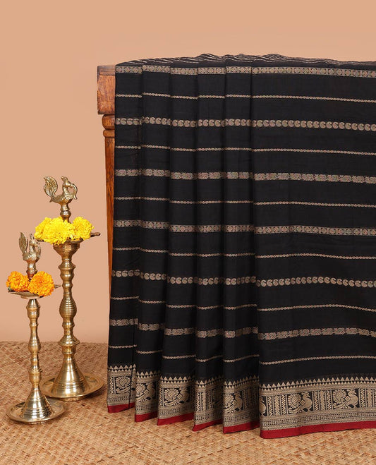 Black annam, rudraksh zari design narayanapet cotton saree with annam thread border & cheer pallu along with running blouse