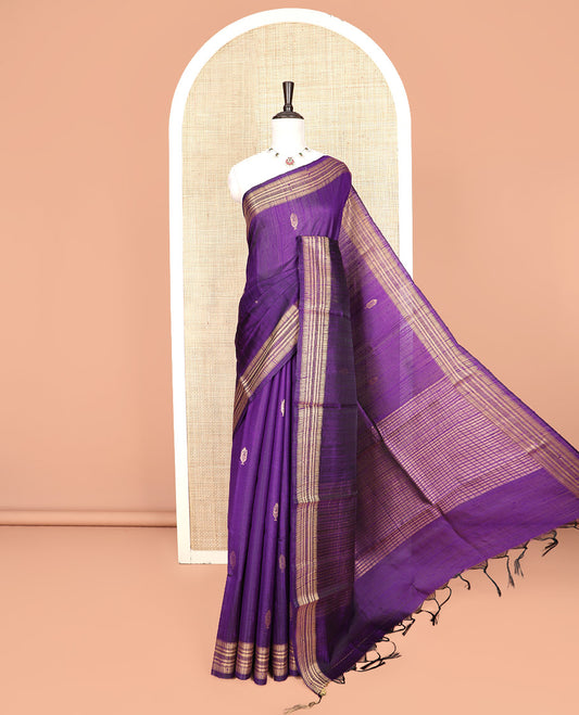 Violet Dupion Silk Saree Accentuated with Buttas All Over Its Body, Highlighted by a Self-Border of Geometric Patterns, Pallu Steeped with Stripes, and Paired with a Matching Blouse