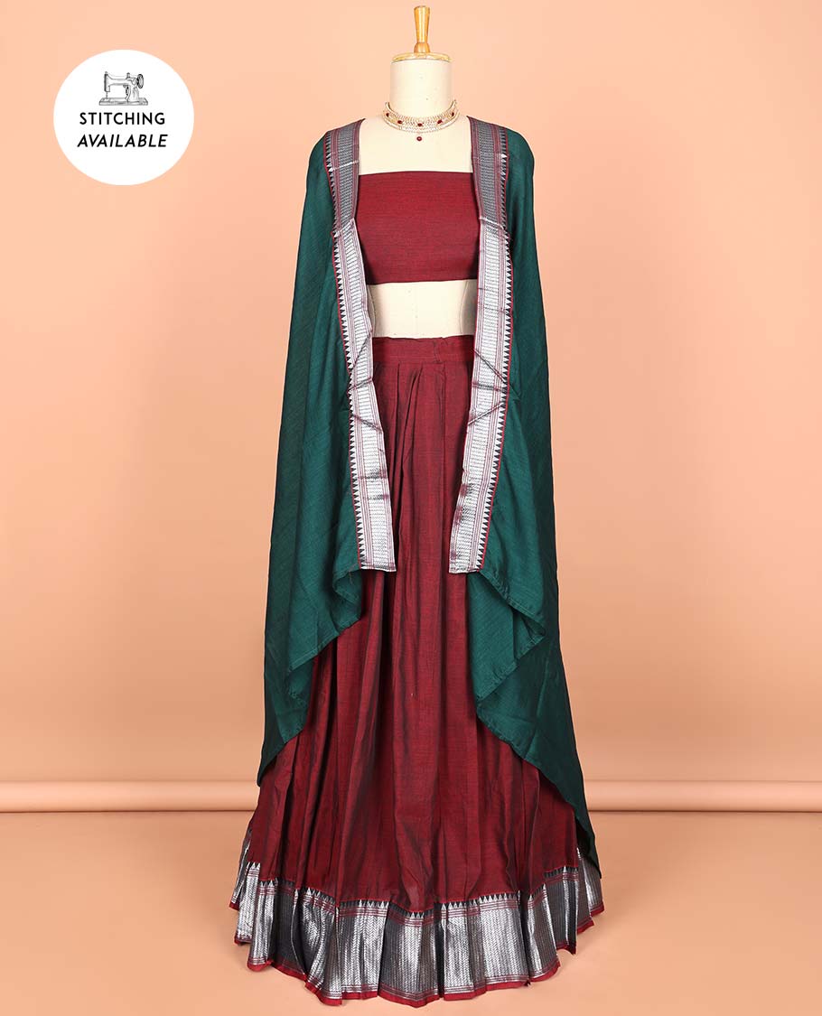 Violet cotton half saree with contrast zari border, plain blouse & plain with zari border dhavani