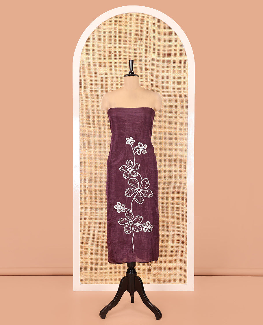 Wine Material Chudidar Set, Delicately Woven with Floral Thread Embroidered Mul Chanderi Top, a Mul Chanderi Bottom, Paired with Floral Thread-Embroidered Mul Chanderi Dupatta