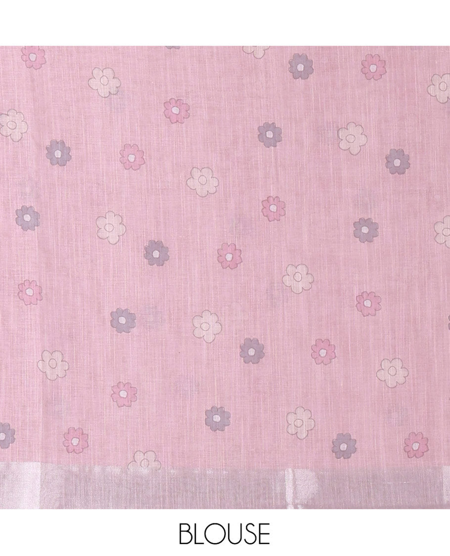 Cream and Pink Linen Cotton Saree, Beautified with Ombre-Style Double-Color Print, Highlighted by Contrast Zari Bavanji Border, Pallu Pictures Floral Prints, and Paired with a Floral Printed Blouse