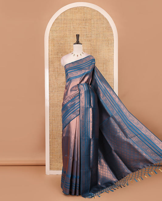 Blue kanchi tissue jacquard saree, traditional zari temple border, zari woven jaal pallu & contrast small buttas blouse
