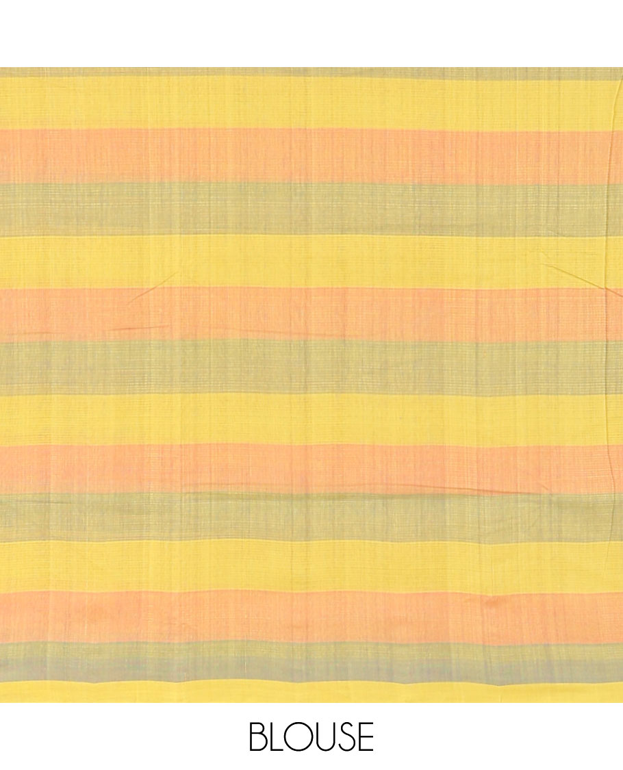 Borderless Multi coloured checked design khadi cotton saree with striped design pallu