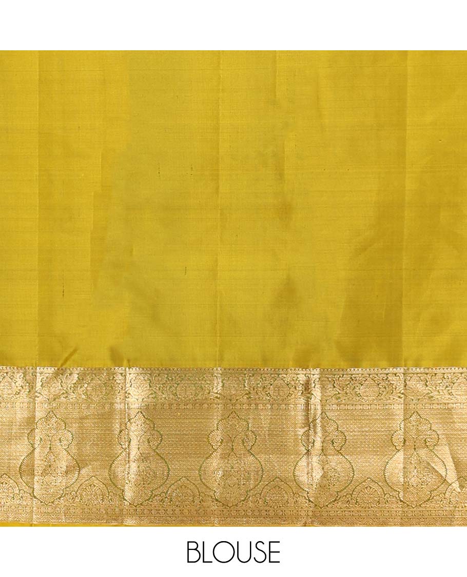 Green geometric design kancheepuram silk saree with contrast floral zari border & pallu of paisley design