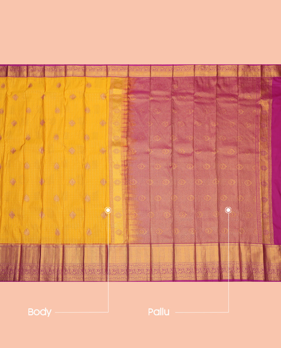 Yellow Budget Silk Saree, Graced with Zari Buttas and Stripes, a Contrast Traditional Zari Border, Grand Jaal Pallu, and a Contrast Blouse