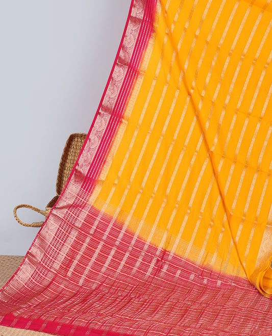 Yellow zari striped design mysore silk saree with contrast traditional zari border & striped zari pallu