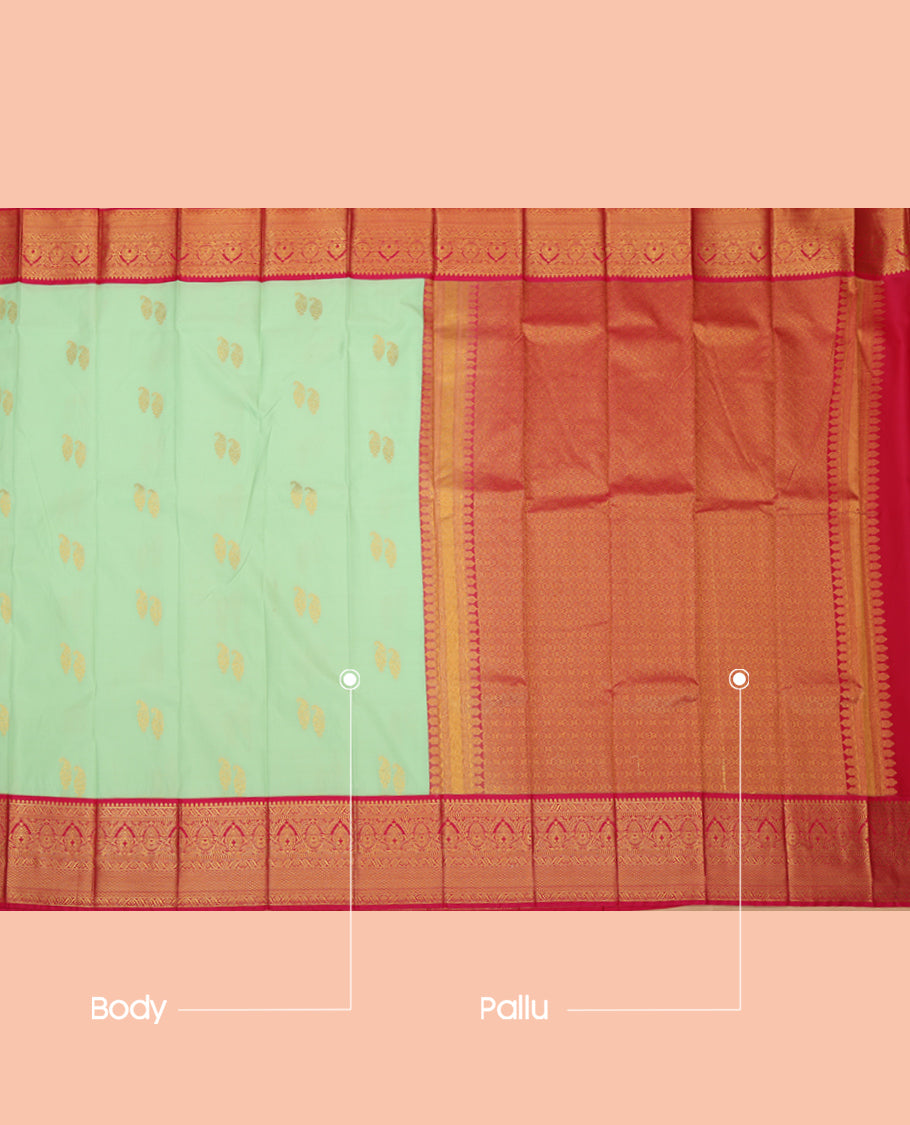 Green Budget Silk Saree, Subtly Sparkled with Zari Buttas, a Contrast Traditional Zari Border, Grand Pallu, and a Contrast Blouse