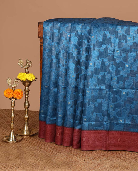 Blue jaal thread weaving banaras brasso saree with contrast thread border & thread weaving pallu along with butta design blouse