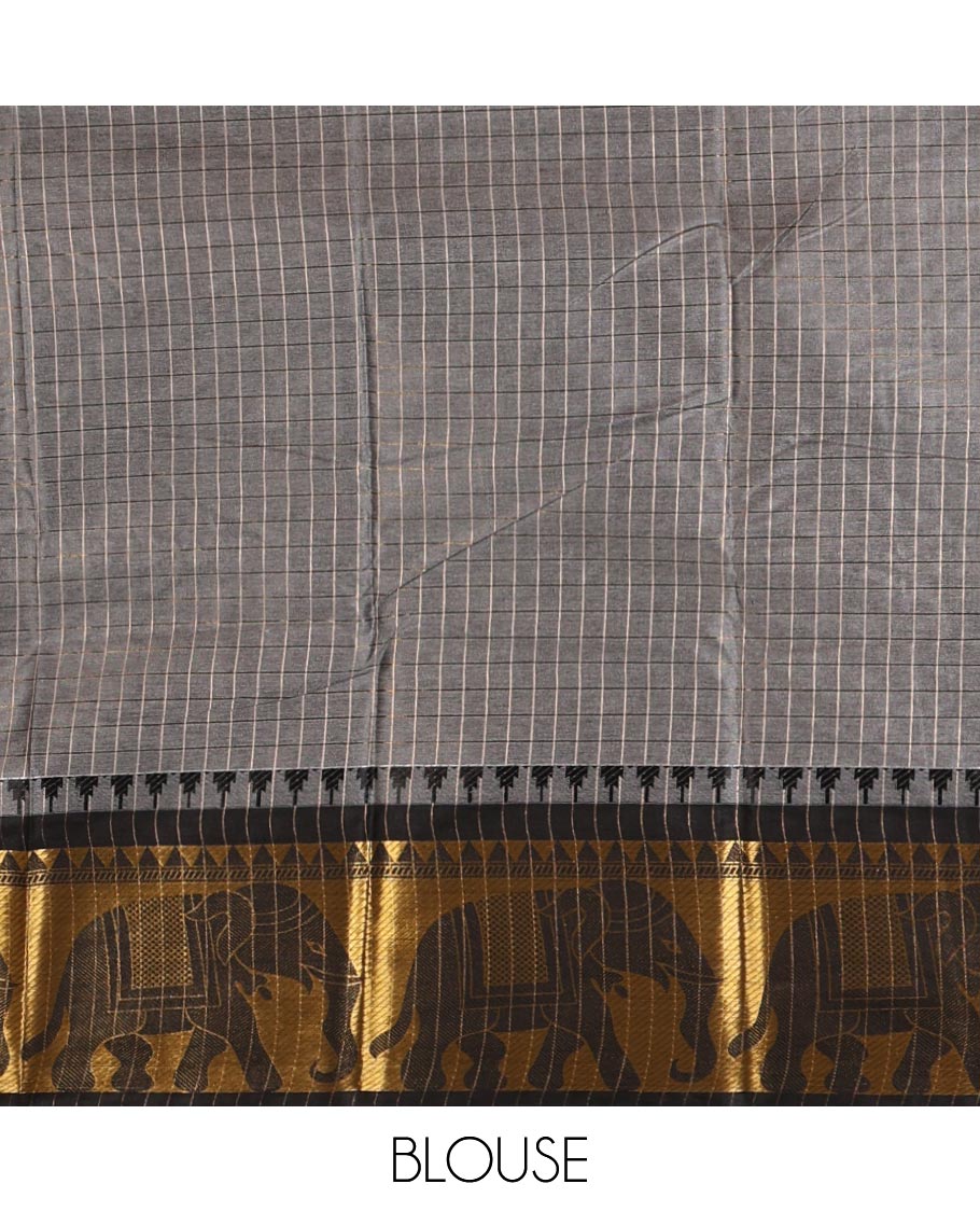 White checked semi-tafeta saree, contrast temple zari elephant motifs black color border, zari-rich pallu & contrast checked zari border blouse