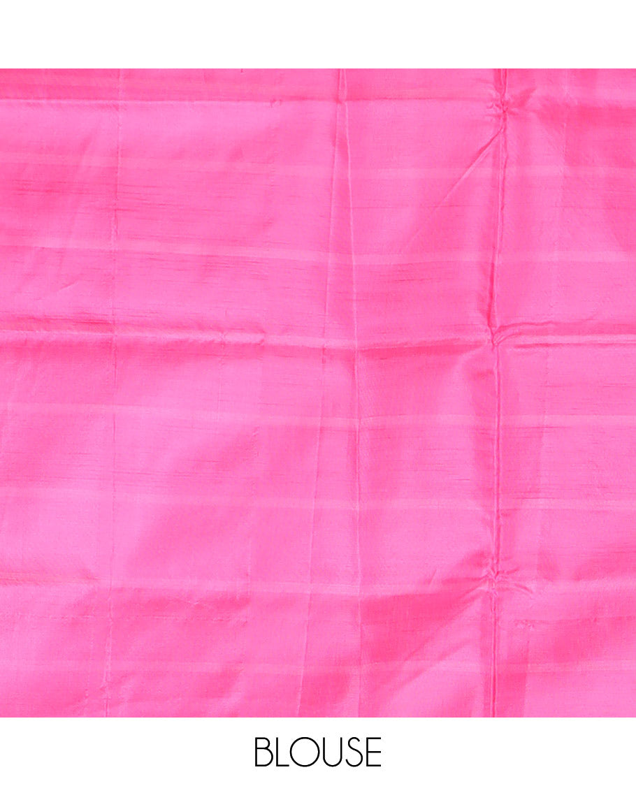 Borderless Green Banana Pith Saree, Subtly Enriched with Butta Enclosed Checks All Over Its Body, Complemented by a Contrast Pallu Depicting Stripes and Buttas, and Paired with a Contrast Blouse