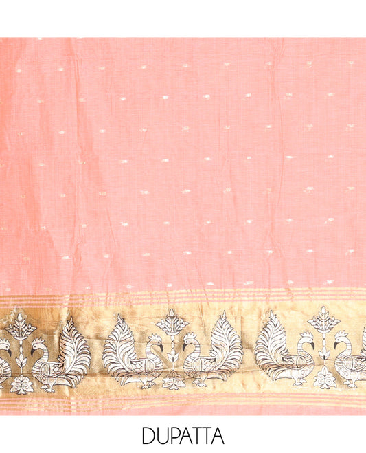 Peach Chanderi Material Chudidar, Zari Buttas and Annam Buttas Top, Matching Bottom, Annam Buttas Dupatta