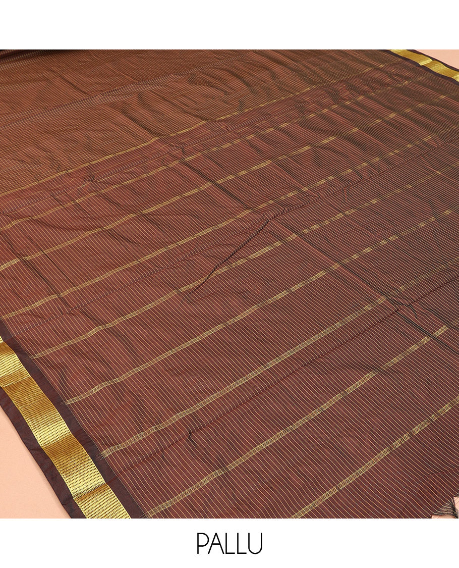 Brown Checked Ten Yard Saree, a Zari Border, Striped Pallu, and No Blouse
