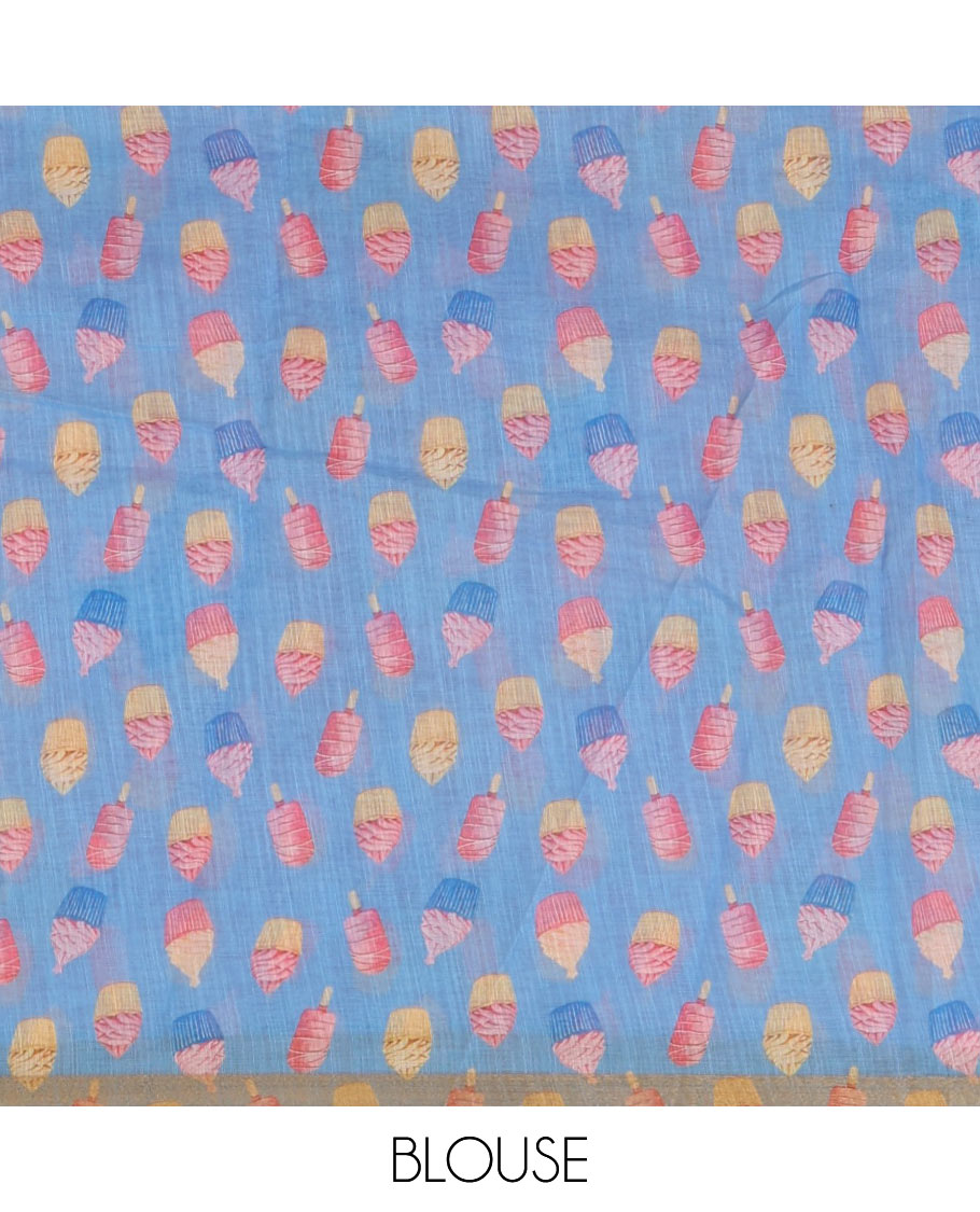 Pink cupcake & Ice Cream motifs printed Linen saree, piping border, contrast Cone Ice Cream motif printed pallu & blue printed blouse