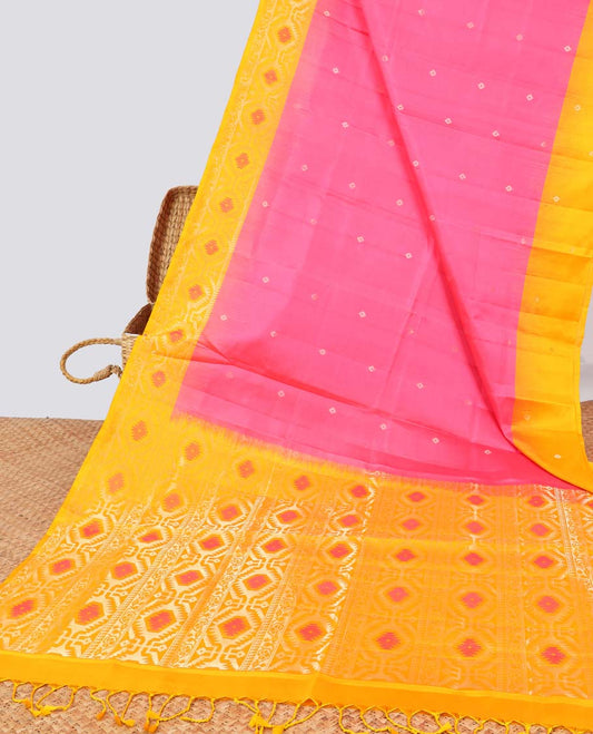 Pink floral buttas soft silk saree with contrast zari border & ogee design pallu
