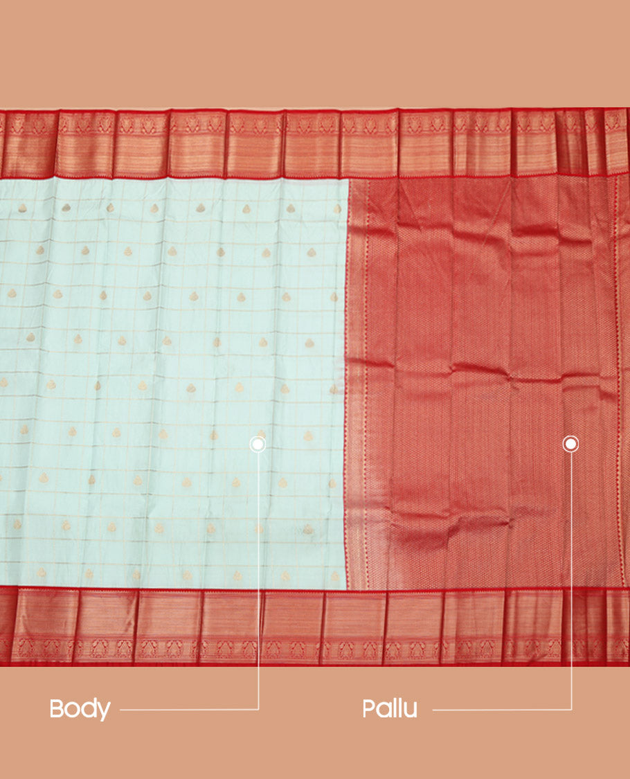 Pale Blue Budget Silk Saree, Bedecked with Zari Butta Enclosed Checks on Its Body, Complemented by a Contrast Traditional Zari Design Border, Grand Pallu, and Paired with a Contrast Blouse