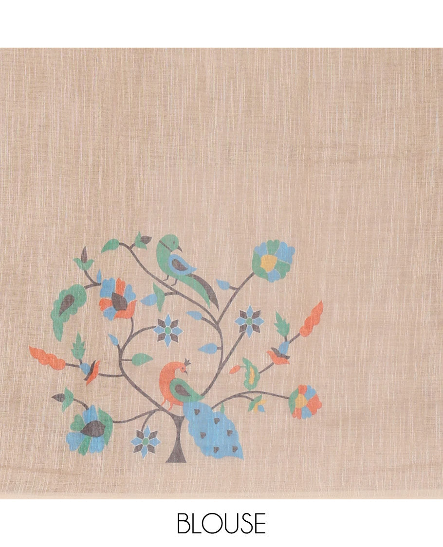 Black small dotted buttas linen cotton saree, contrast border & pallu of paithani-style parrot, peacock, & floral vine designs