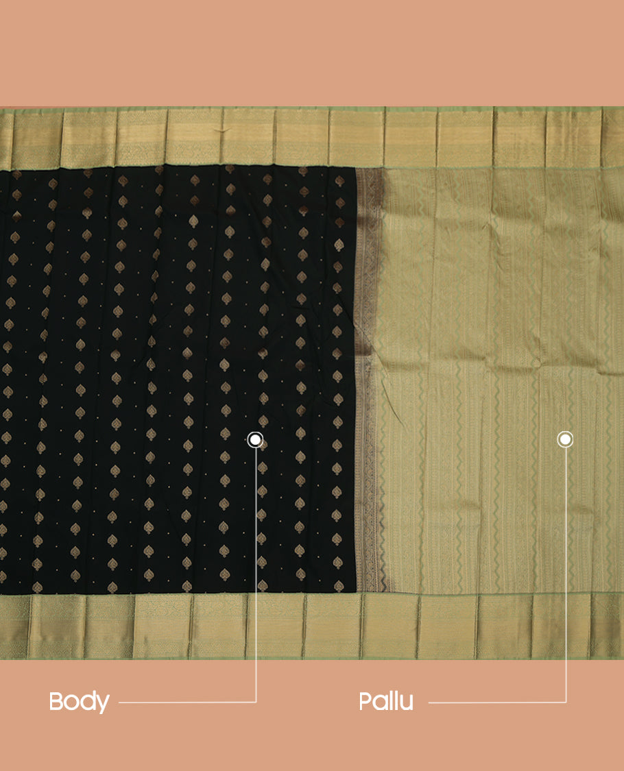 Deep Green Budget Silk Saree, Beautified with Zari Buttas, a Contrast Traditional Zari Border, Geometric Pallu, and a Contrast Blouse
