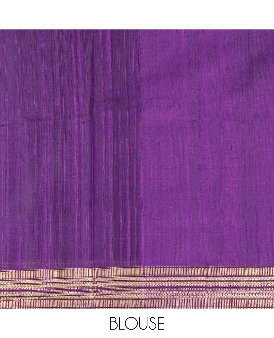 Violet Dupion Silk Saree Accentuated with Buttas All Over Its Body, Highlighted by a Self-Border of Geometric Patterns, Pallu Steeped with Stripes, and Paired with a Matching Blouse