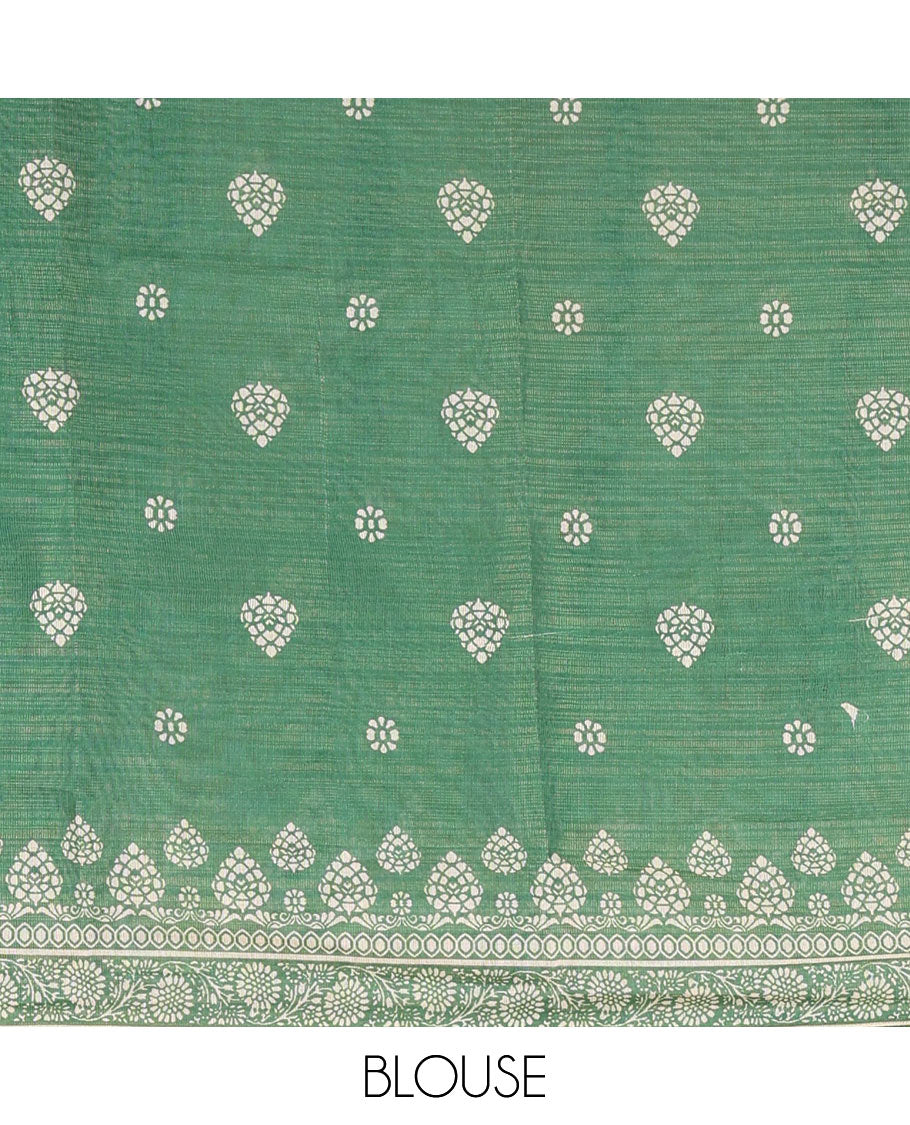 Borderless cream, colorful striped tissue saree, unique motifs printed green color blouse