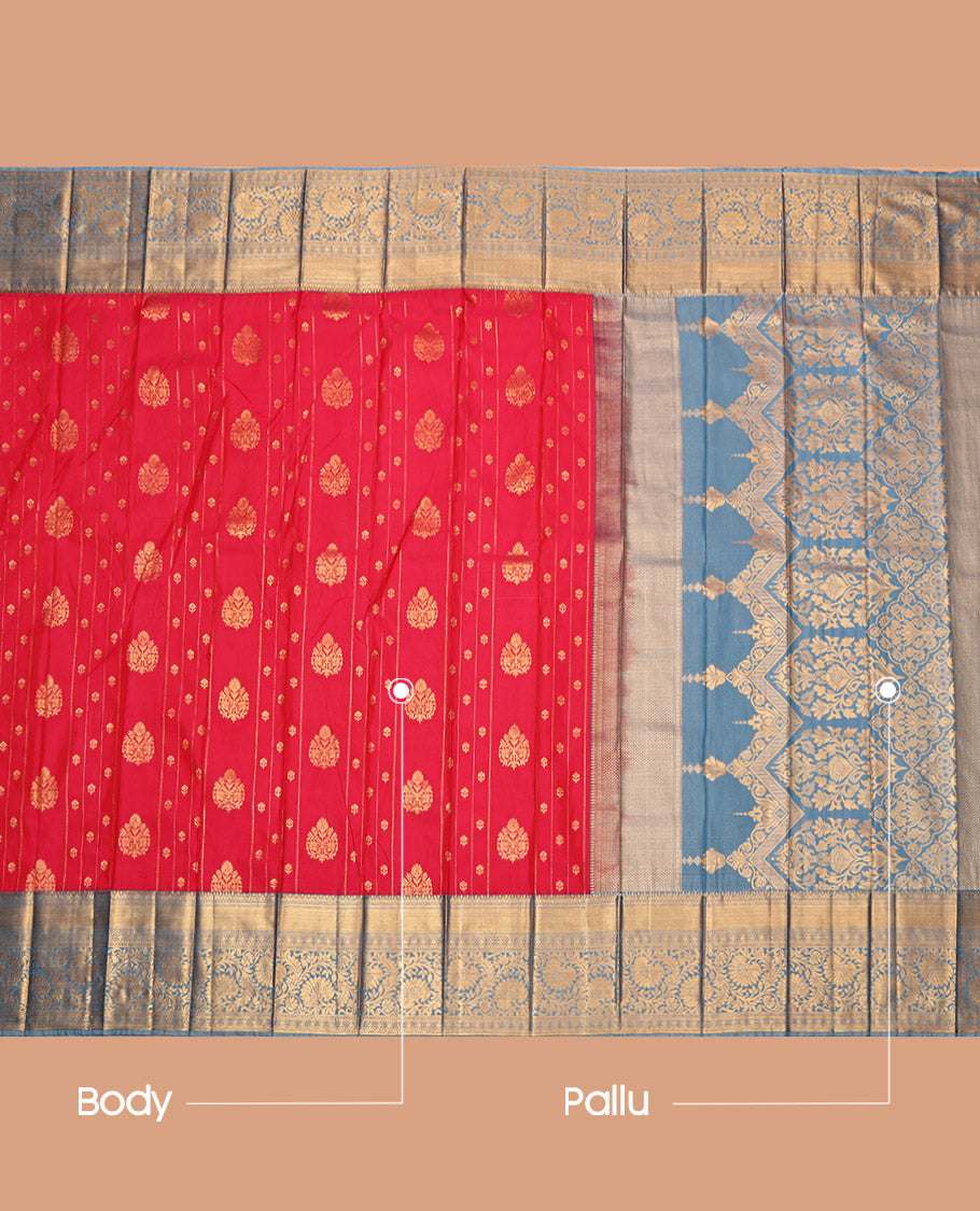 Red Budget Silk Saree, Woven with Zari Buttas and Stripes, Complemented by a Contrast Traditional Border, Grand Pallu, and a Contrast Blouse