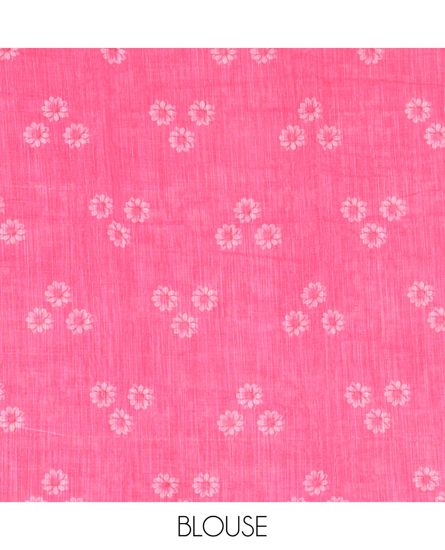 Pink daisy floral printed linen cotton saree, gold zari piping border, daisy floral printed pallu, and matching  floral printed blouse