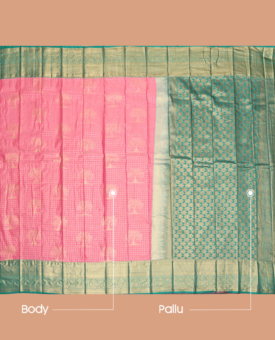 Pink Budget Silk Saree, Adorned with Zari Buttas and Checks, Complemented by Contrast Traditional Zari Border, Intricate Pallu, and Contrast Blouse