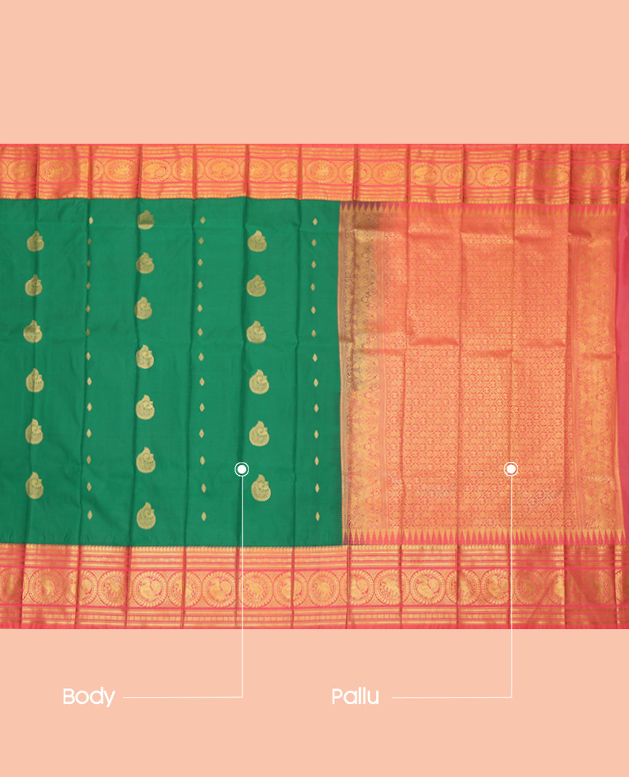 Green Budget Silk Saree, Bedecked with Zari Buttas, Complemented by Contrast Traditional Zari Border, a Jaal Pallu and a Contrast Blouse
