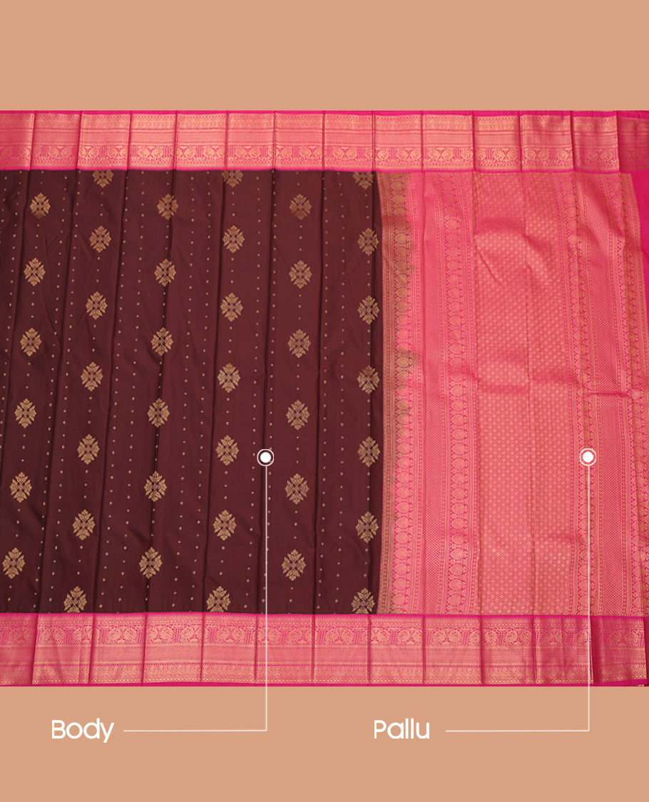 Maroon Budget Silk Saree, Beautifully Bedecked with Zari Buttas, a Contrast Traditional Zari Border, Grand Pallu, and a Contrast Blouse