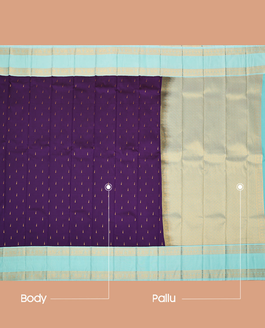 Violet Budget Silk Saree, Finely Crafted with Temple Zari Buttas All Over Its Body, Complemented by a Contrast Traditional Zari Design Rettai Pettu Border, Grand Jaal Pallu, and Paired with a Contrast Blouse