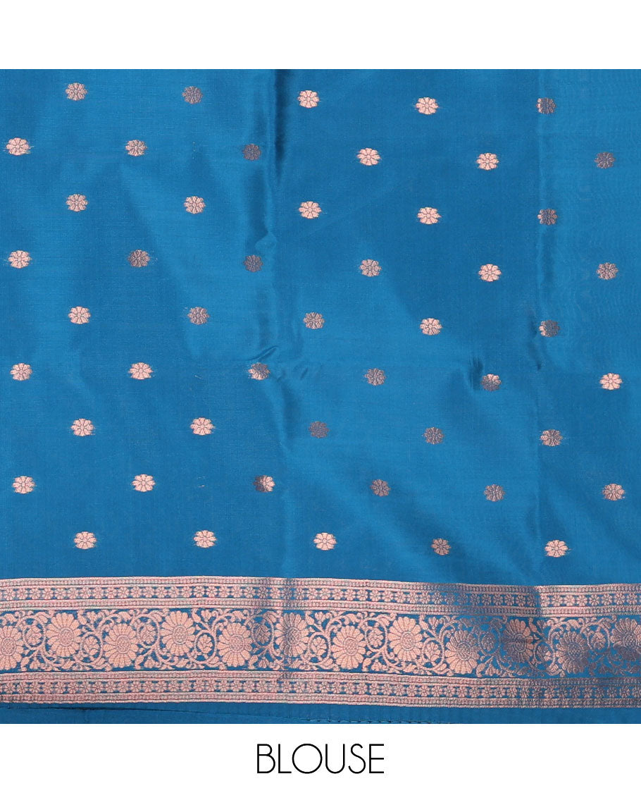 Blue kanchi tissue jacquard saree, traditional zari temple border, zari woven jaal pallu & contrast small buttas blouse