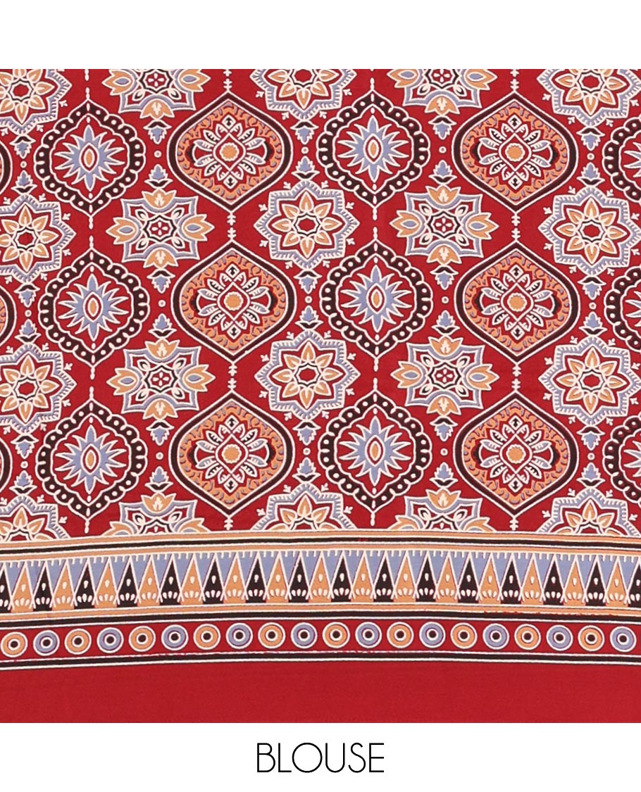 Maroon plain design modal satin saree, Ajrakh printed border, floral-Ajrakh printed pallu & Ajrakh printed blouse