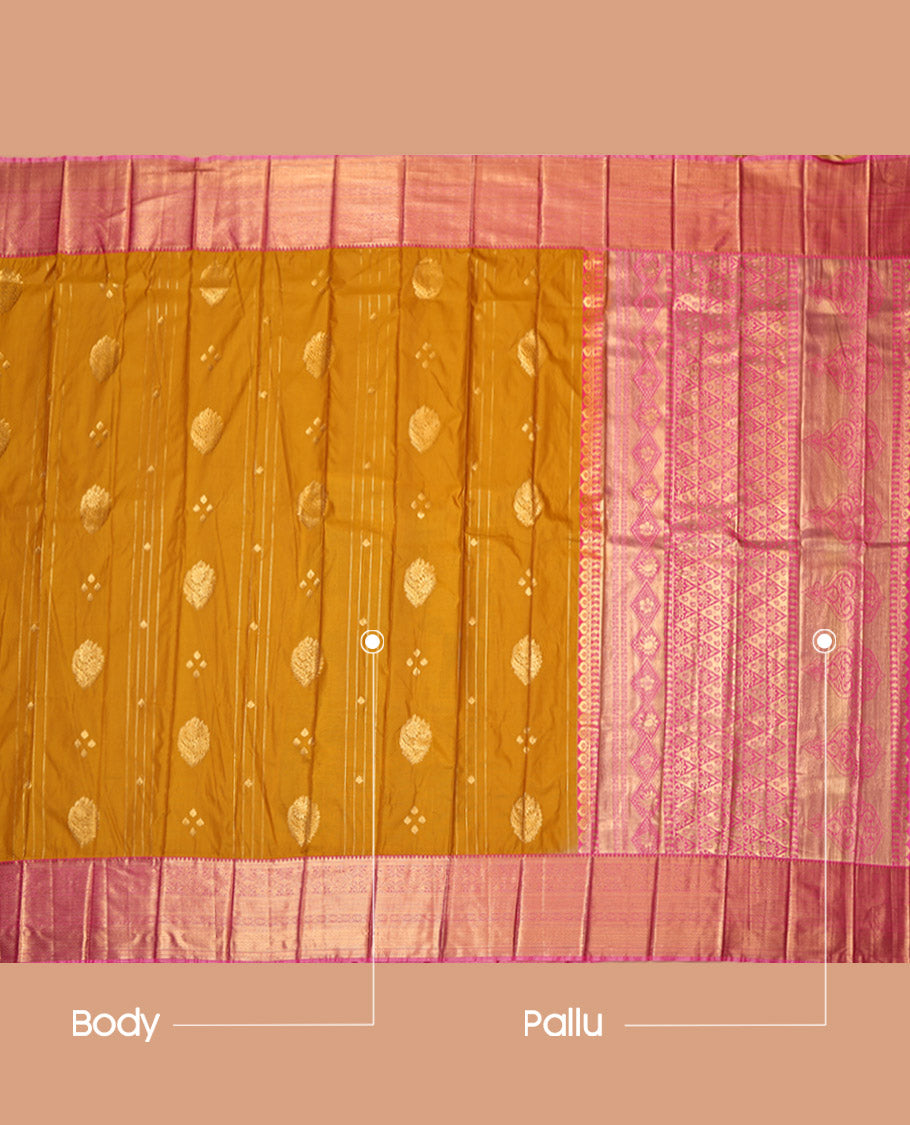 Yellow Budget Silk Saree, Sparsely Woven with Zari Buttas, Contrast Traditional Zari Border, Grand Pallu, and a Contrast Blouse