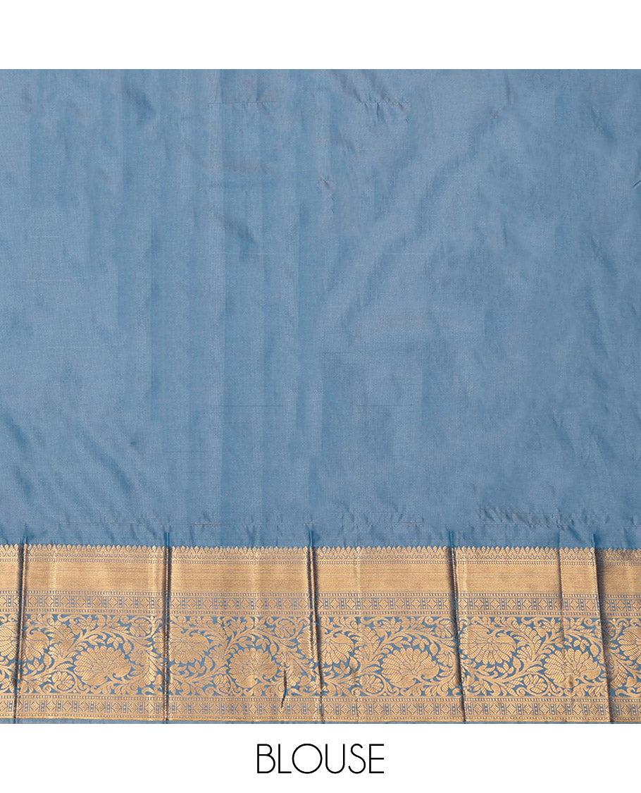 Red Budget Silk Saree, Woven with Zari Buttas and Stripes, Complemented by a Contrast Traditional Border, Grand Pallu, and a Contrast Blouse