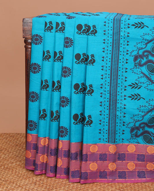 Blue peacock chakra buttas Chettinad cotton saree, contrast peacock chakra butta enclosed checked border & pallu of temple & peacocks