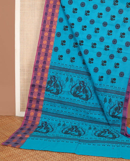 Blue peacock chakra buttas Chettinad cotton saree, contrast peacock chakra butta enclosed checked border & pallu of temple & peacocks
