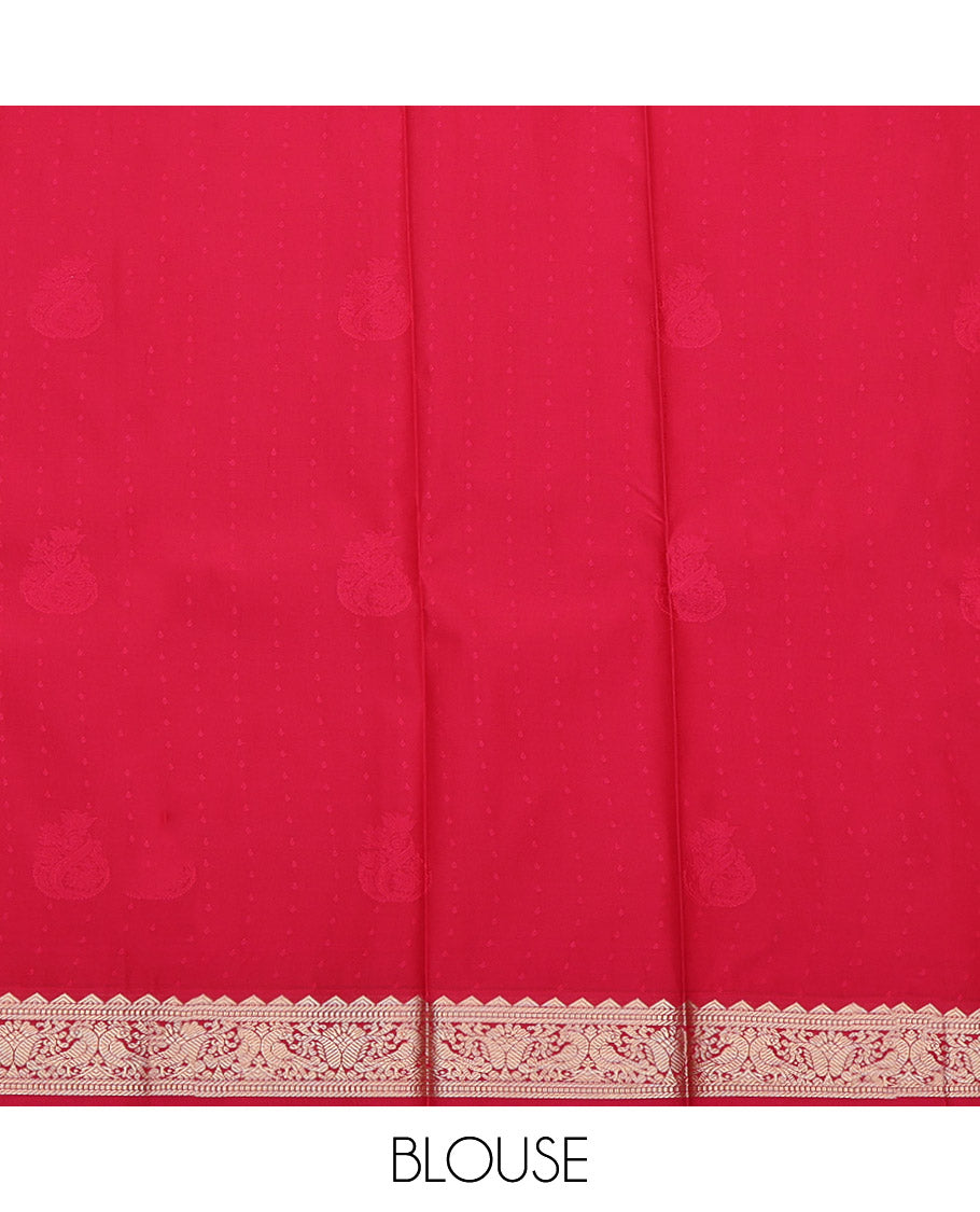 Dark Wine Budget Silk Saree, Steeped with Zari Buttas, Complemented by Contrast Traditional Border, Geometric Pallu and a Contrast Blouse