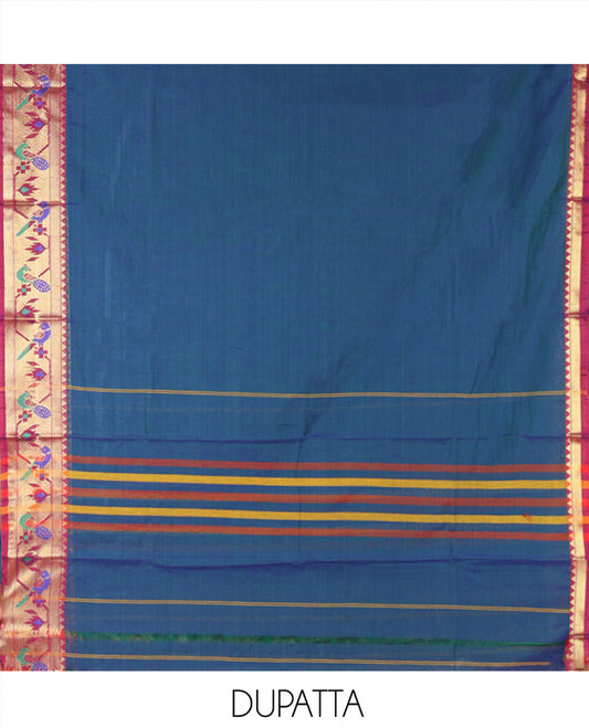 Blue Mercerised Cotton Material Chudidar Set, Elevated with Paithani Bordered Top, a Mercerised Cotton Bottom, and Paired with a Matching Mercerised Cotton Paithani Bordered Dupatta