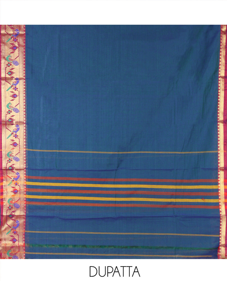 Blue Mercerised Cotton Material Chudidar Set, Elevated with Paithani Bordered Top, a Mercerised Cotton Bottom, and Paired with a Matching Mercerised Cotton Paithani Bordered Dupatta
