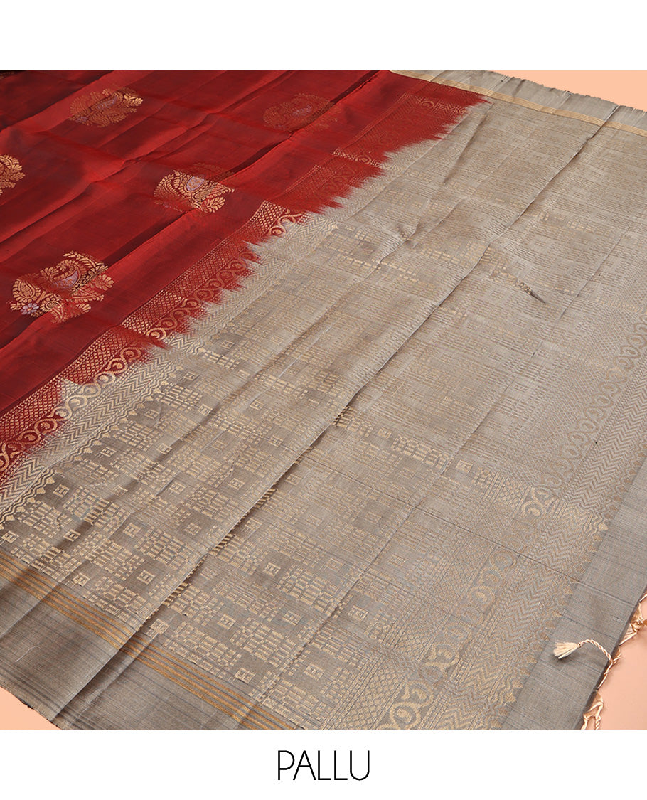 Red Mayuri Lite Silk Mix Saree, Beautified with Zari Buttas All Over Its Body, Complemented by a Contrast Border, Sparsely Woven Pallu, and Paired with a Contrast Blouse
