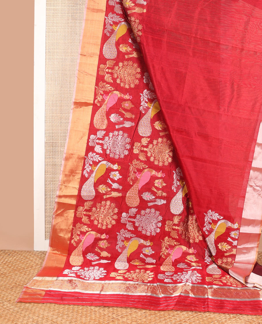 Red floral, peacock design chanderi cotton saree with contrast border & striped pallu