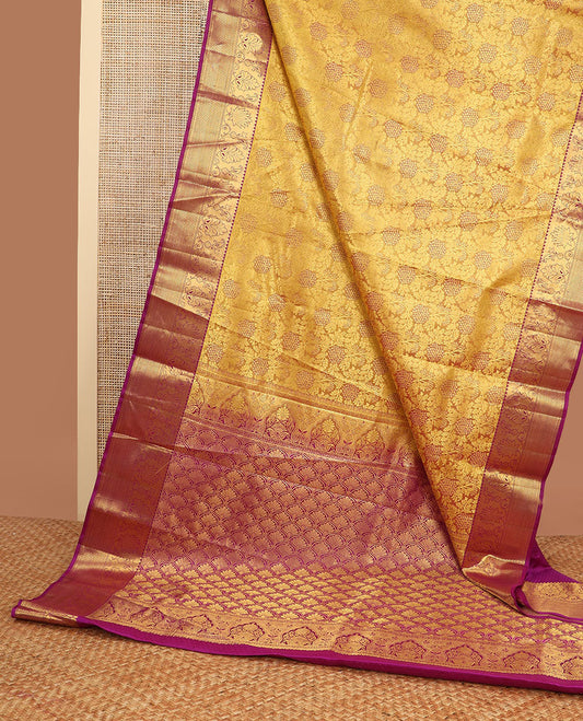 Mustard floral jacqaurd kancheepuram silk saree with contrast border of rekku, muthu, kuyil kann design & zari design pallu